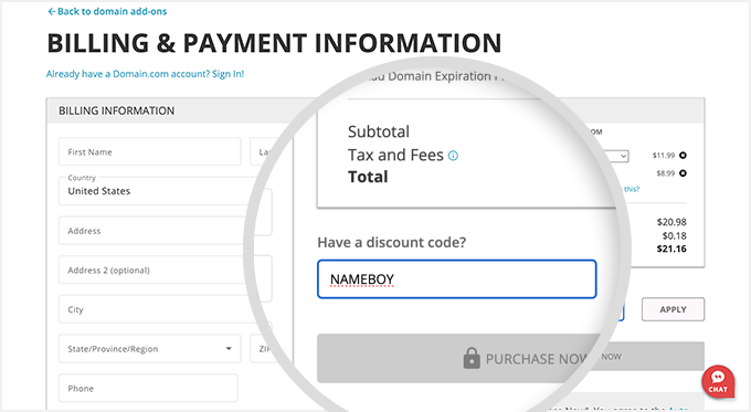 The Domain.com billing and payment page The Domain.com billing and payment page where you add the coupon code
